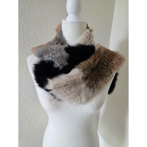 Dana Stein Fur Scarf Neck Warmer Rabbit Fur Wrap Winter Scarf Multicolor Patches - Picture 1 of 13